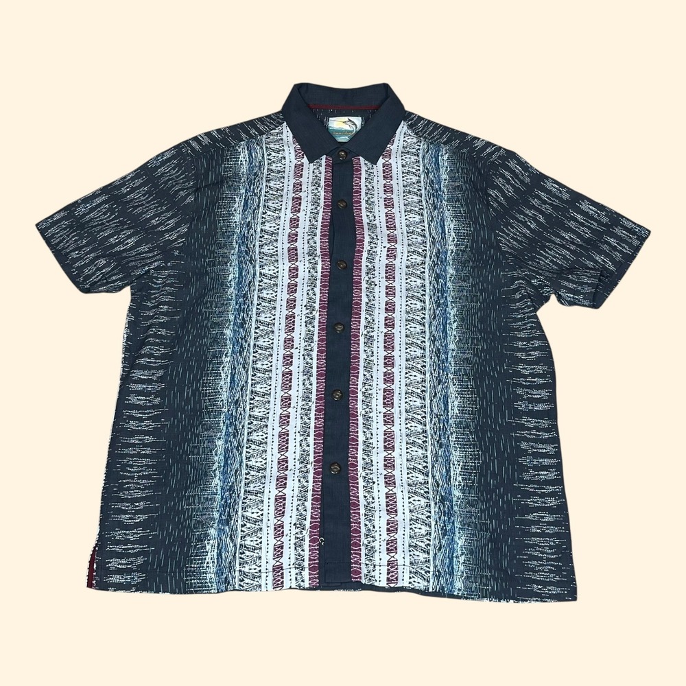 Tommy Bahama Mens 100% Silk‎ Island Modern Fit Hawaiian Camp Shirt Black Blue L
